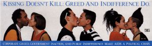 *Gran Fury, Kissing Doesn’t Kill. Greed and Indifference Do*,
 affiche pour bus, 1989. (Illustration tirée du site internet de la Session 12)