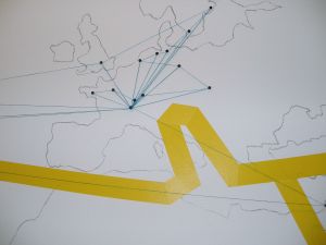 Detail of the exhibition presented on the occasion of the symposium *Curatorial Timeline: the times are changing* (Magasin d’en face, 21 January 2006): map of curatorial training programmes in Europe.