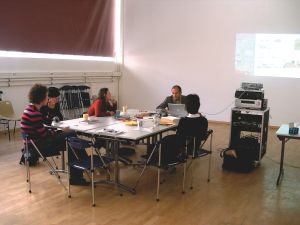 Meeting with Nils Norman at Magasin-CNAC. From left to right: Krist Gruijthuijsen, Johan Lundh, Lore Gablier, Nils Norman, Daphné Brottet.