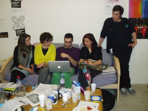 Meeting with the artists of the post-graduate course at the Lyon School of Art. From left to right: Francesca Agnesod, Andrea Rodrigez Novoa,  Ricardo Giacconi, Nadia Barrientos, Guillaume Hervier.