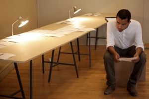 Reading of Armand Béhar’s *La Déconvolution d’Euler*  during the opening of the exhibition *The Principle of Uncertainty*, 28 mai 2011. Photo: Blaise Adilon.