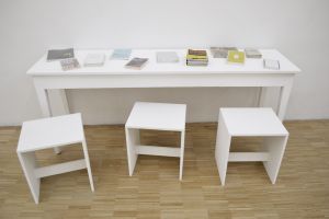 Table with documentation, view of the exhibition*Terrains Vagues*, gallery of ESAD–Grenoble, from 1 to 18 December 2014.