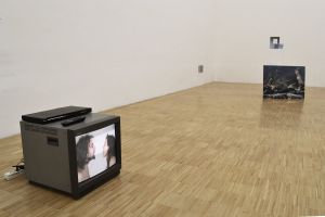 View of the exhibition*Terrains Vagues*, gallery of ESAD–Grenoble, from 1 to 18 December 2014. Front: Isabelle Crespo Rocha and Stéphane Billot, *Revolver*, 2008.