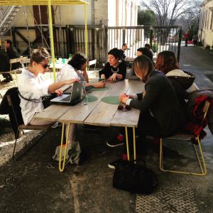 Meeting with Céline Condorelli (centre), Arles, February 2016.