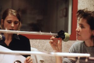 In the studio of Radio Suisse Romande, Geneva, 29 November - 3 December 1999. On the picture: Caecilia Tripp (left) and Léonore Bonaccini (right). Personal archive of Alejandra Riera.